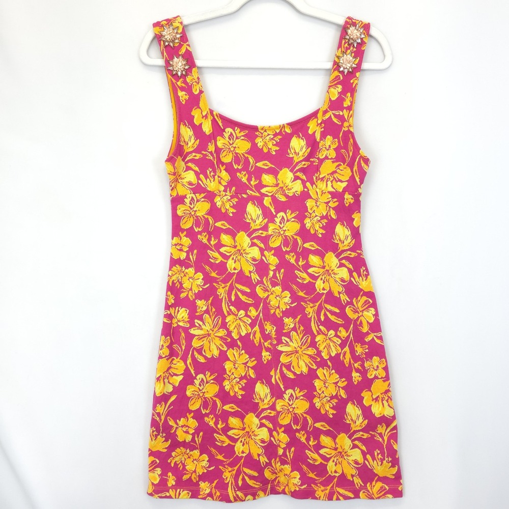 Zara Dress Embellished Women M Pink Yellow Floral Sleeveless Open Back Beachy